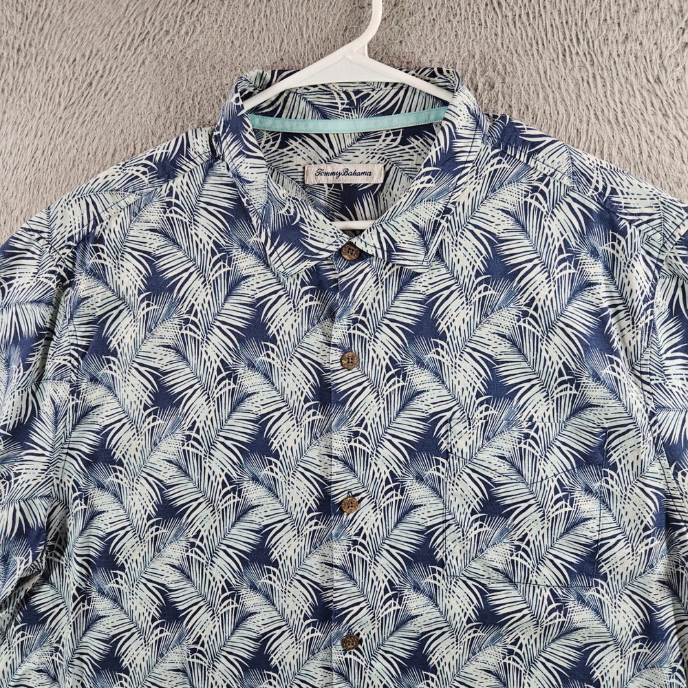 Tommy Bahama Mens XXL Blue White Silk Palm Frond Print Short Sleeve Button Shirt